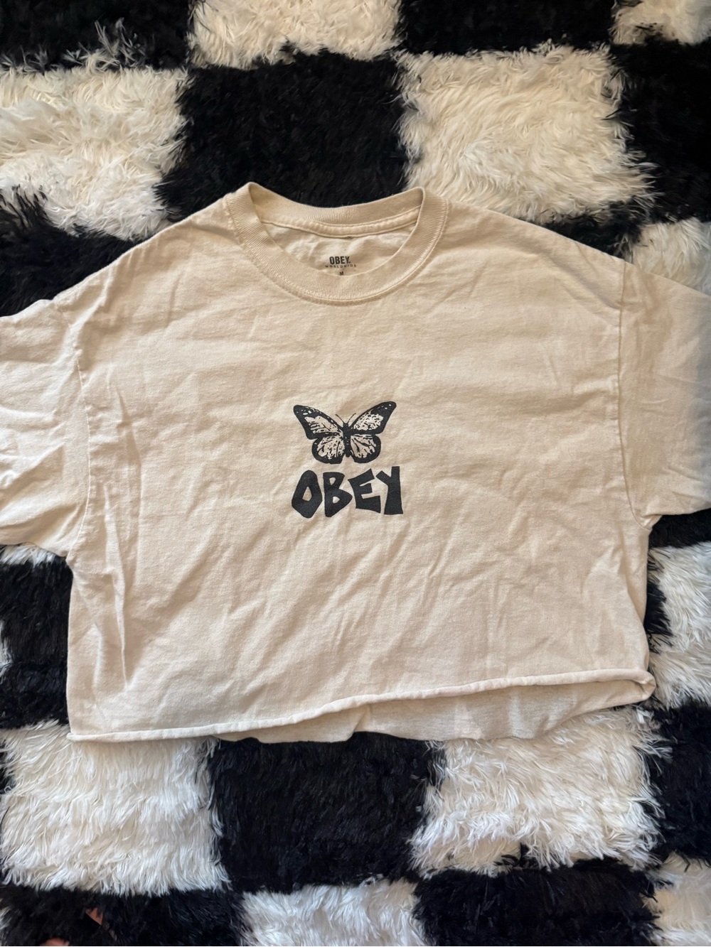 Obey Women's Cream Butterfly cropped Logo Tee